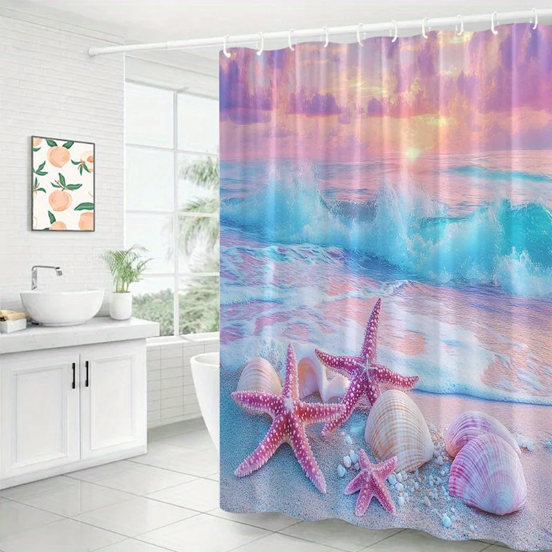 Tropical Ocean Starfish Shower Curtain Seascape Waterproof Bath Decor Beach Waves Coastal Summer Nautical Liner Bathroom Curtain