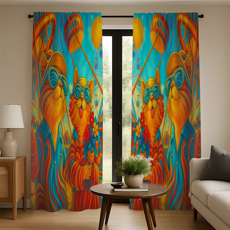 Psychedelic Cool Cat Playing Guitar Blackout Curtains - Colorful Music Art Window Drapes for Living Room