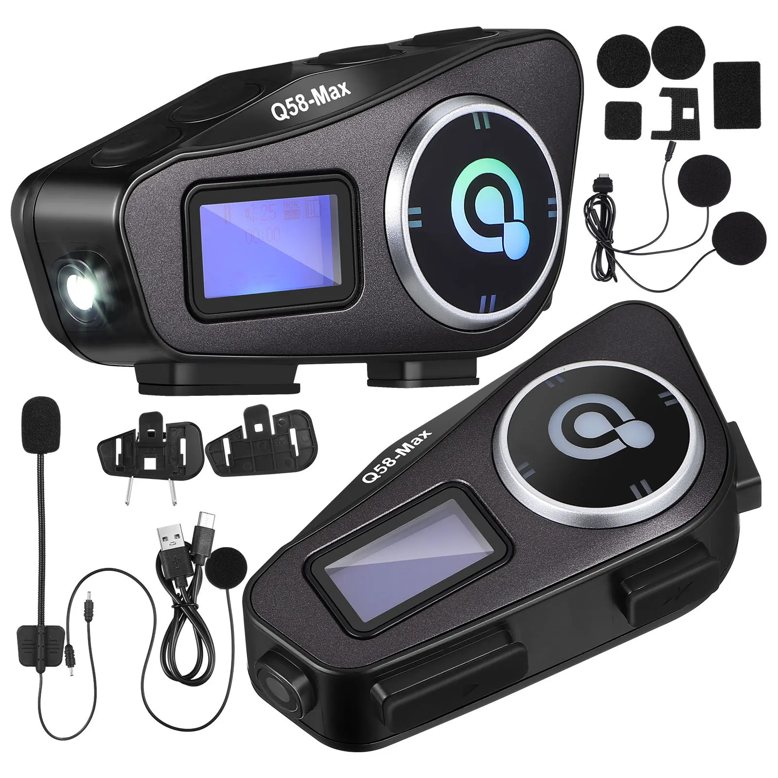 1 Pasang Headset Motor Nirkabel dengan Layar LCD, Headphone Suara Jernih, Interkom untuk Perjalanan Jauh, Headphone Motor untuk Panggilan