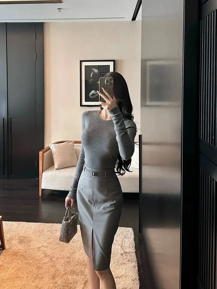 2026 New Spring Autumn Women's High Waist Slim Fit Front Slit Blazer Skirt Gray Mid Length Skirt With Belt Elegant Office Skirt