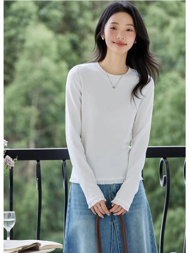 

VIMLY Women's Long Sleeve T-shirts Casual Ruffle Splicing Hem Crew Neck Tops Autumn 2025 Knitted Female Tees Ladies Tops A2365