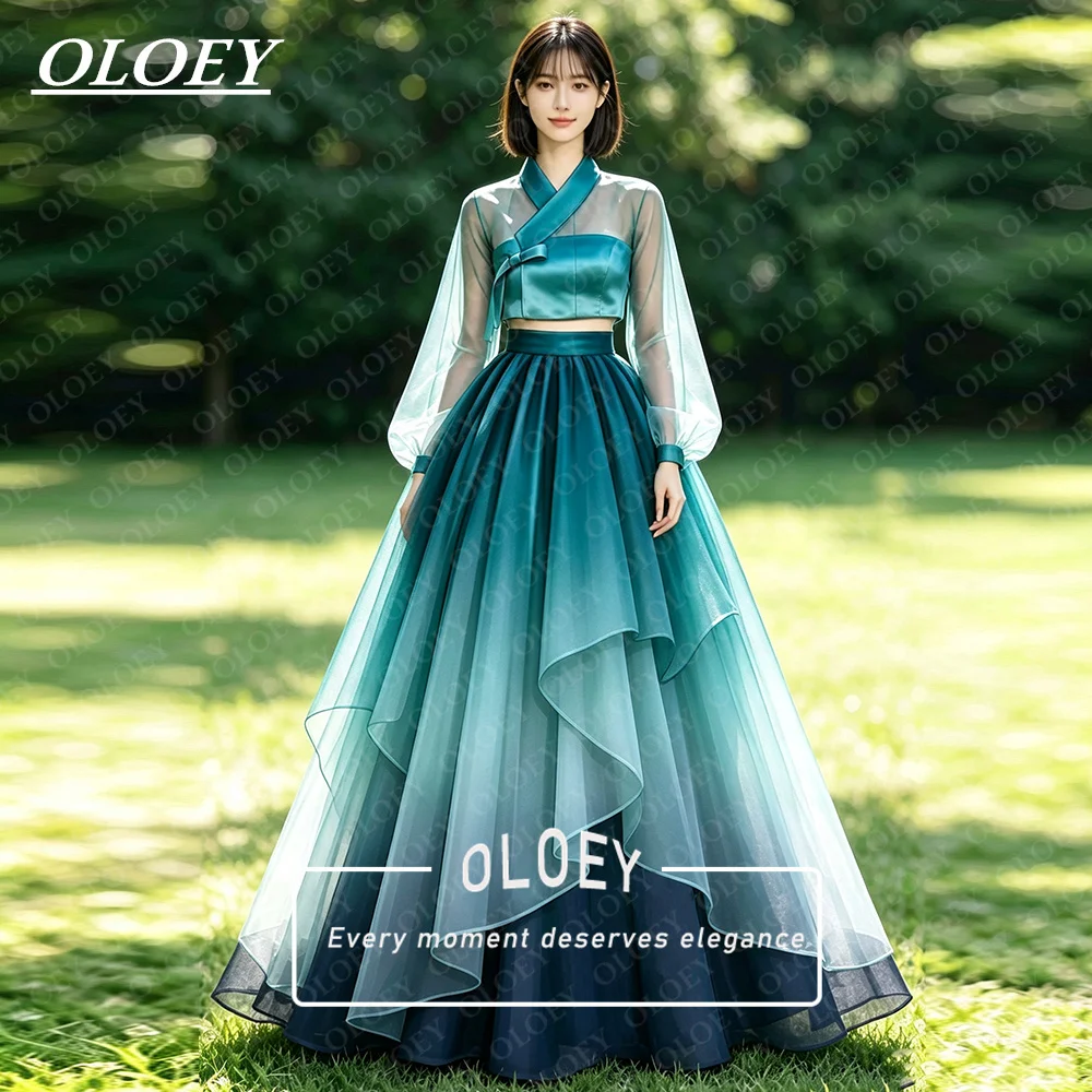 OLOEY Gradient Teal Organza Satin Hanbok Dress Set 3 PCS Floor Length A Line Traditional Korean Photo Shoot Gown Customized