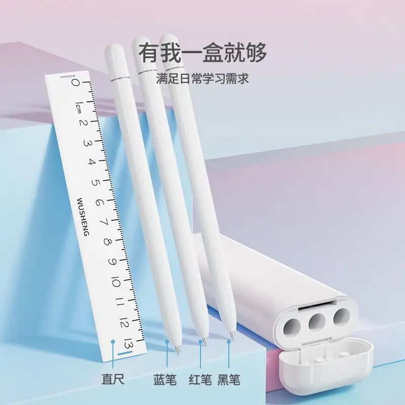 3 Gel Pens Set with Red/Blue/Black Inks & Ruler - Compact Travel Pen Case for Exams, School Essentials, Office Supplies