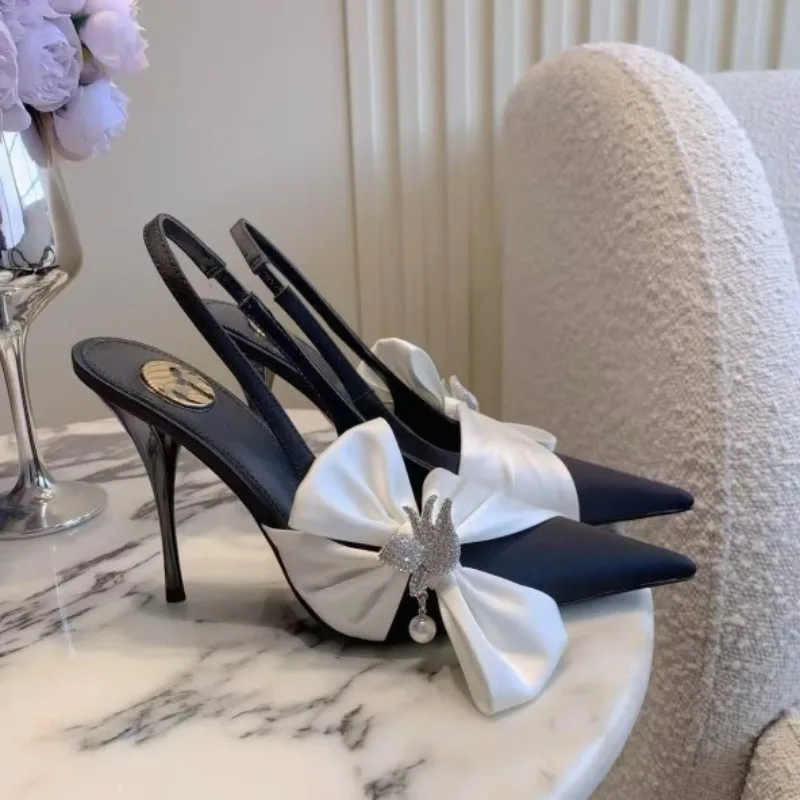 French Fairy Style Women's High Heels Temperament Pointed High Heels Sandal Luxury Satin Bow Banquet Dress Heels Sandalias Tacn