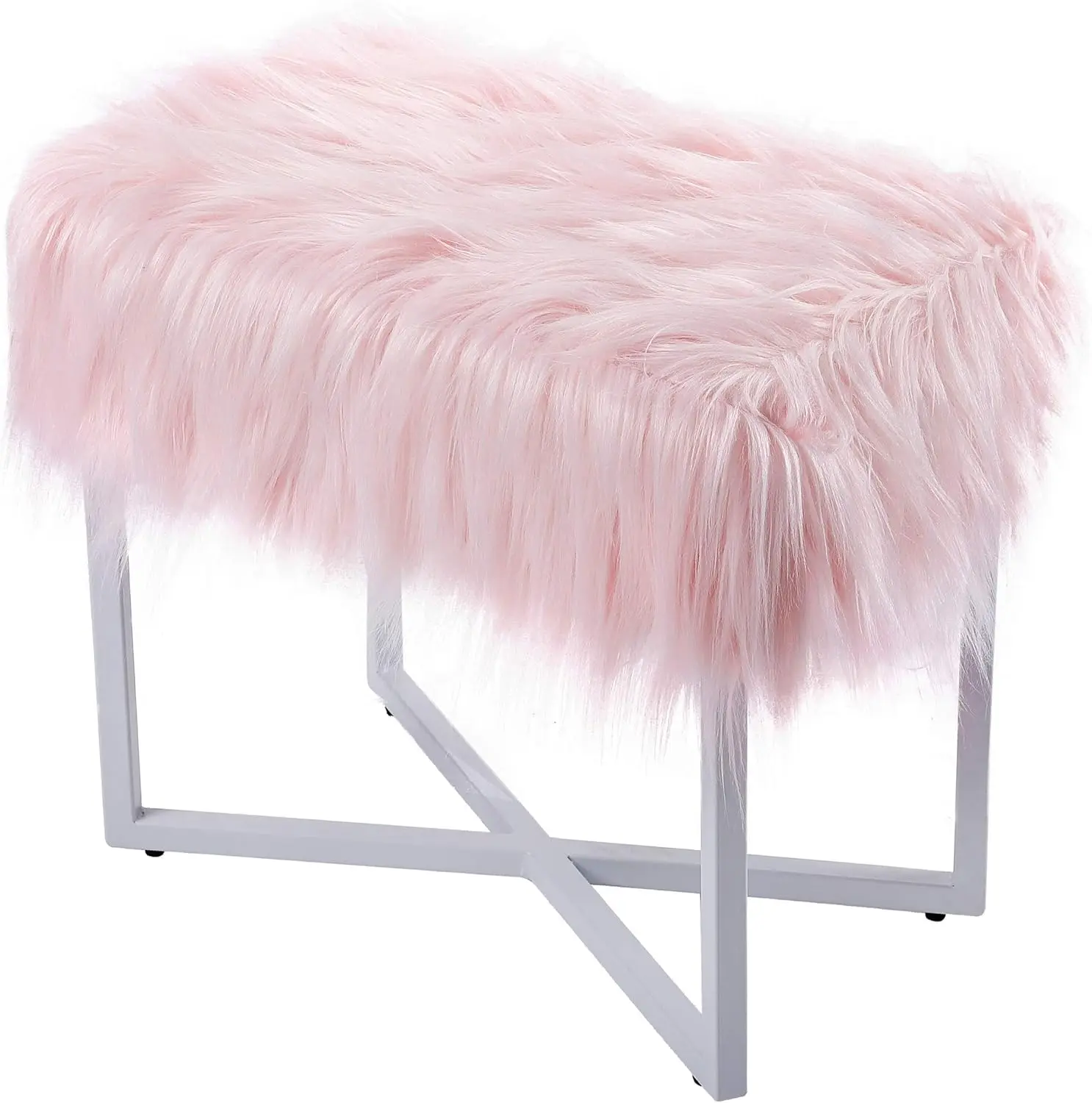 

Rectangular Vanity Stool Ottoman W/White Metal Legs - Small Fluffy Makeup Seat - Cute Foot Rest For Bedroom, Desk, Or Dressing