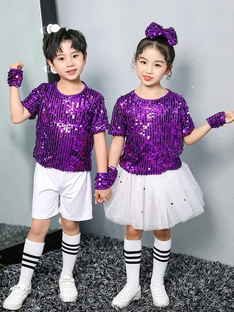 

Kids Street Dance Wear Sequined Purple Hip Hop Jazz Costumes Kindergarten Boys Girls Stage Performance Suit Festival Clothing