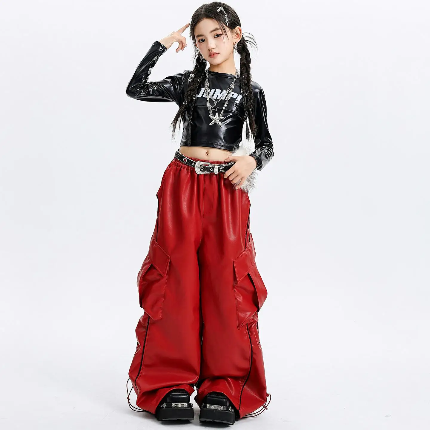 

Kid Kpop Hip Hop Clothing Black Metalic Crop Long Sleeve T Shirt Red PU Leather Strap Cargo Pants for Girl Street Dance Costumes