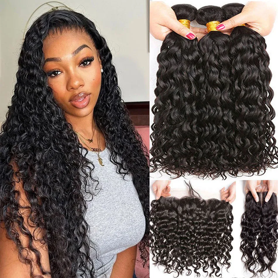 

Brazilian Water Wave Bundles With Closure Virgin Hair Natural Wave Hair Extension For Woman Remy Human Hair Bundels With Frontal