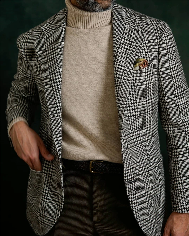 Houndstooth Plaid Blazer for Men One Piece Suit Jacket with Notch Lapel Slim Fit Casual Male Coat Fashion Office Men Clothes
