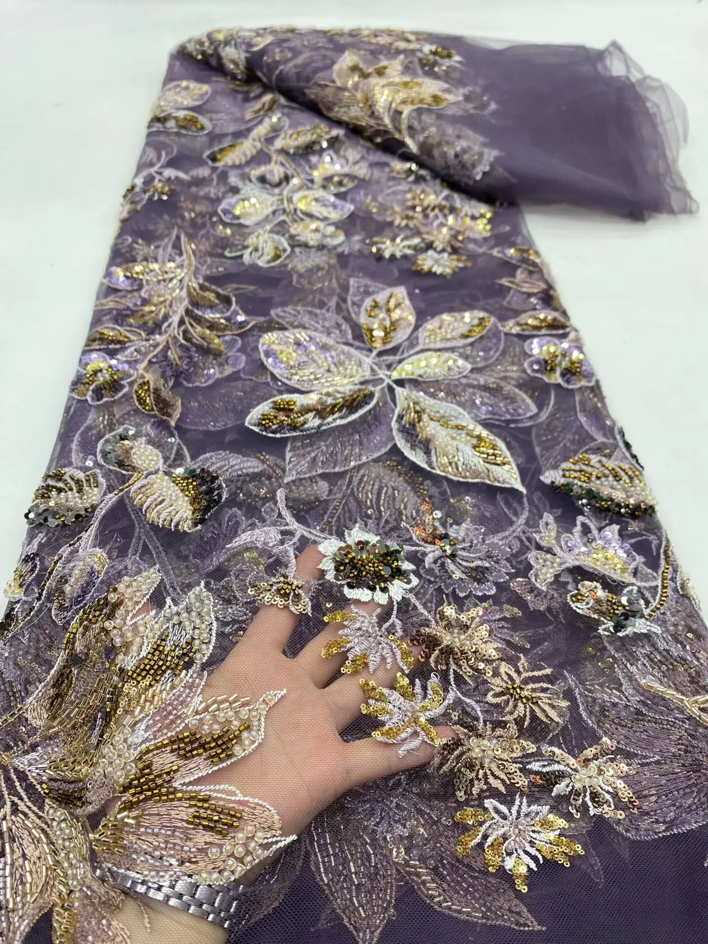 

2025 African Nigerian Latest High Quality With Guipure Embroidery Tulle Sewing Lace Fabric Dresses Sequins 5Yards DP0492