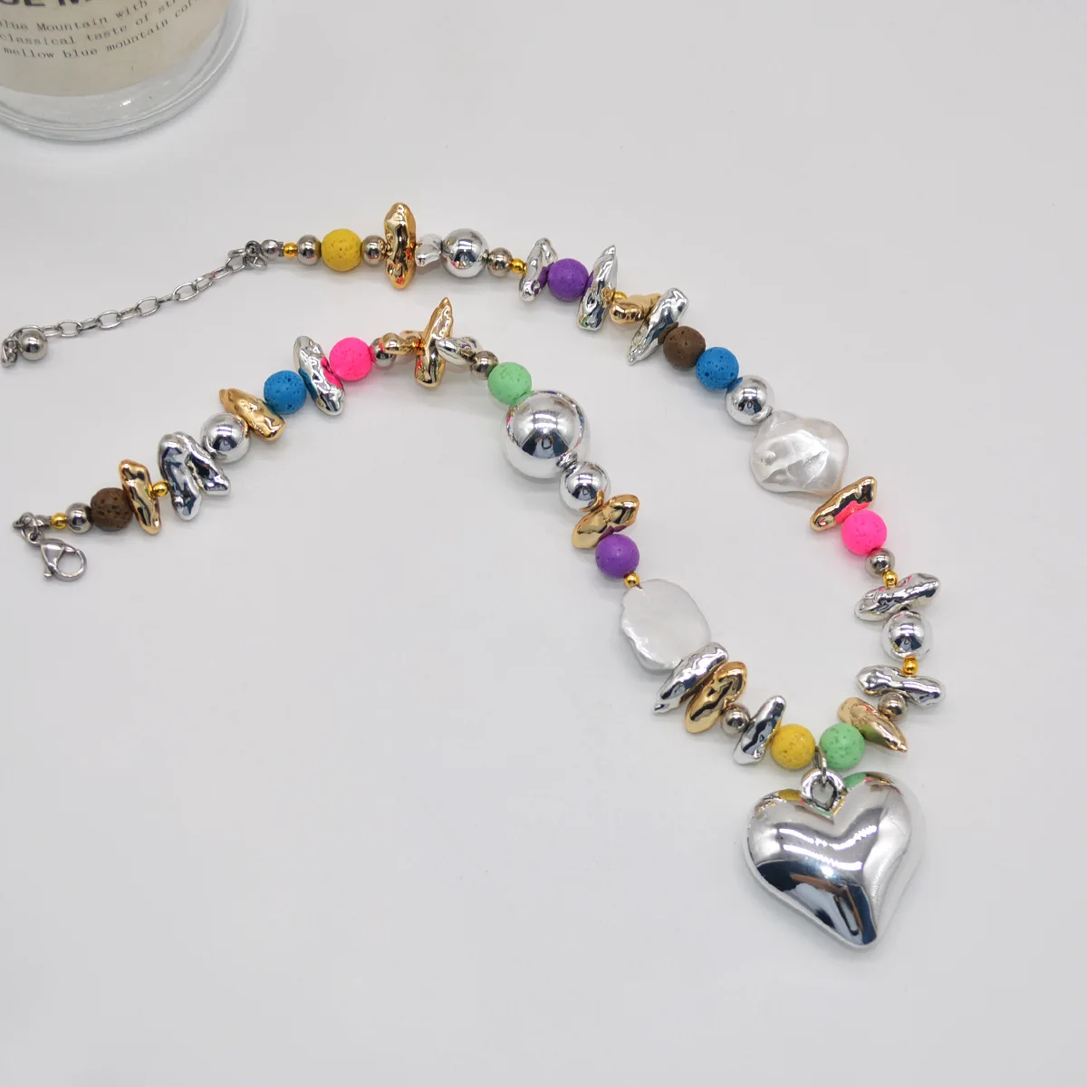 High-grade colorful beaded love pendant necklace light luxury niche clavicle chain