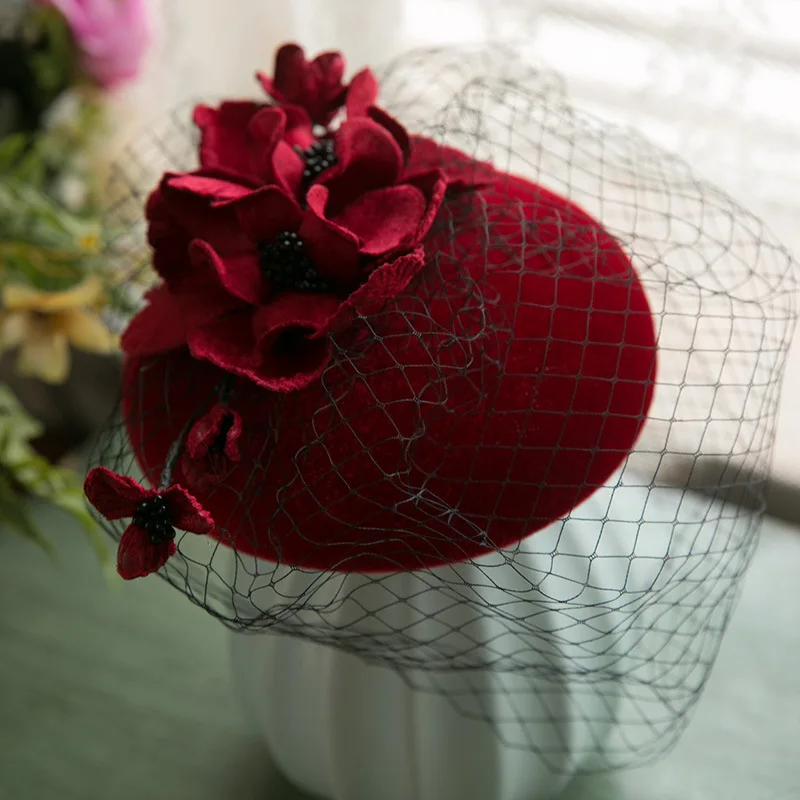 Women Wool Fascinator Flower Hat Bridal Wedding Cap with Veil Photography Derby Hat Cocktail Tea Party Celebrities Headwear