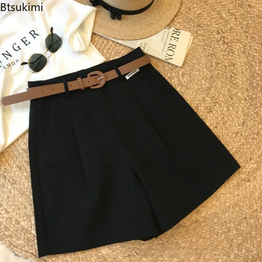 Pantalones cortos de traje para mujer con cinturón, minipantalones cortos holgados de cintura alta coreana con bolsillos sueltos, estilo OL,