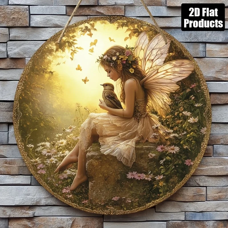 2D Flat, 1pc, Round Wooden Board Decorative Sign Plaque, Elf Girl and Bird Theme, Suitable for Bar, Kitchen, Cafe, Home, Room, L