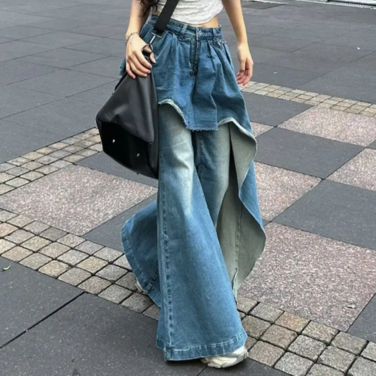 Hot Girl Design Is Irregular and Fashionable Spliced Jeans for Women 2024 Autumn and Winter New Fake Two-piece Flared Pants