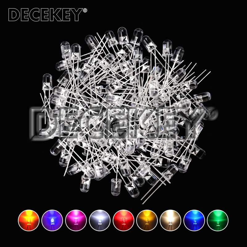 100pcs 5mm LED Diode F5 Assorted Kit White Green Red Blue Yellow Orange Pink Purple Warm White DIY Light Emitting Diode