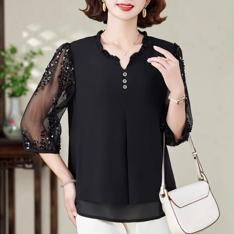 Elegant Lady Brand Summer Outfit 2026 New Style Chiffon Top Set for Middle-aged And Elderly Women Spring Autumn Two-piece Set