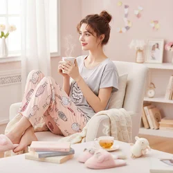 2-Piece Cotton Pajama Set Short Sleeve T-shirt and Long Pants Sexy Summer Casual Cartoon Sleepwear Big Size Options For Moms