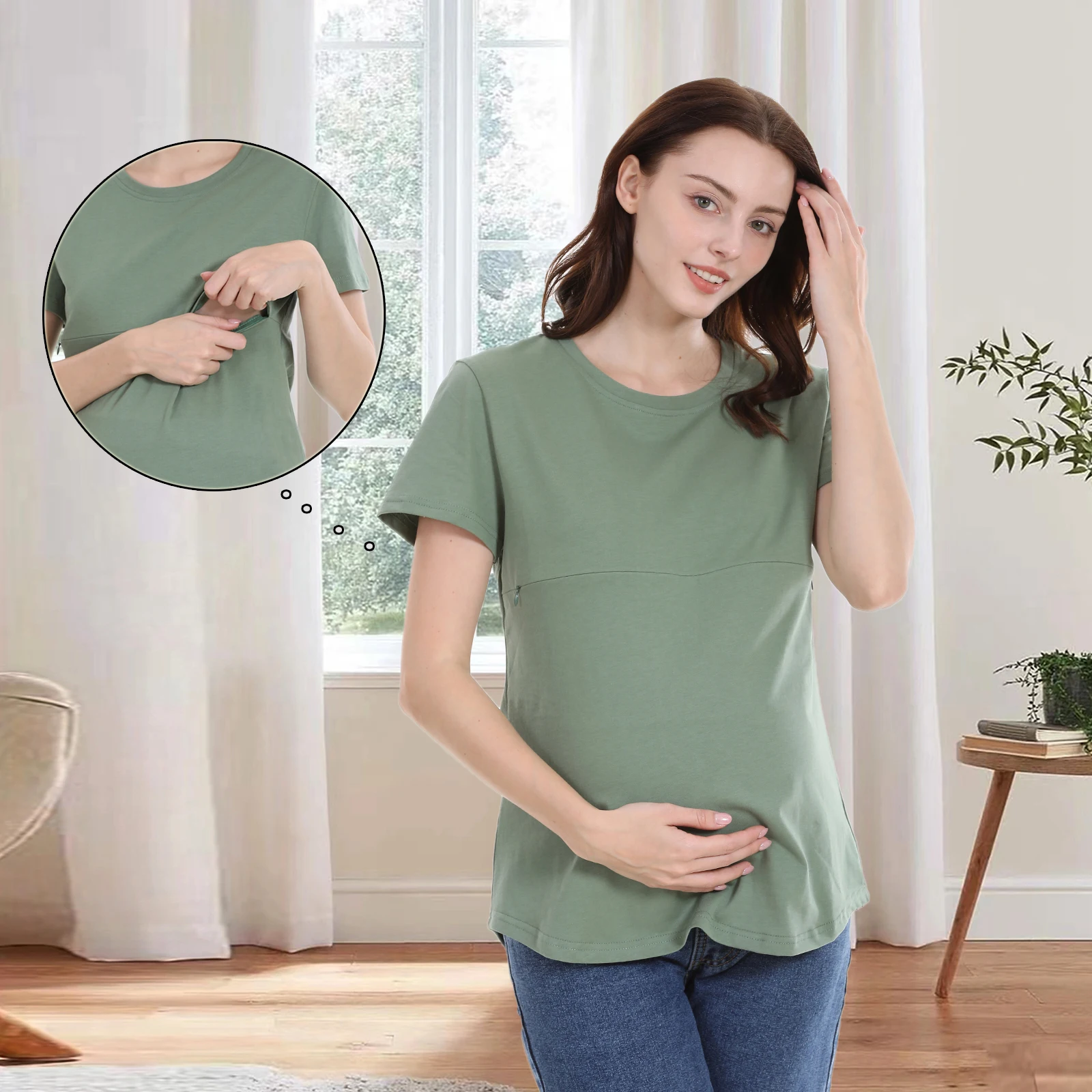 Summer Solid Zipper Nursing Tee Custom Pregnancy Maternity Tops Short Sleeve Breastfeeding Clothes Shirt