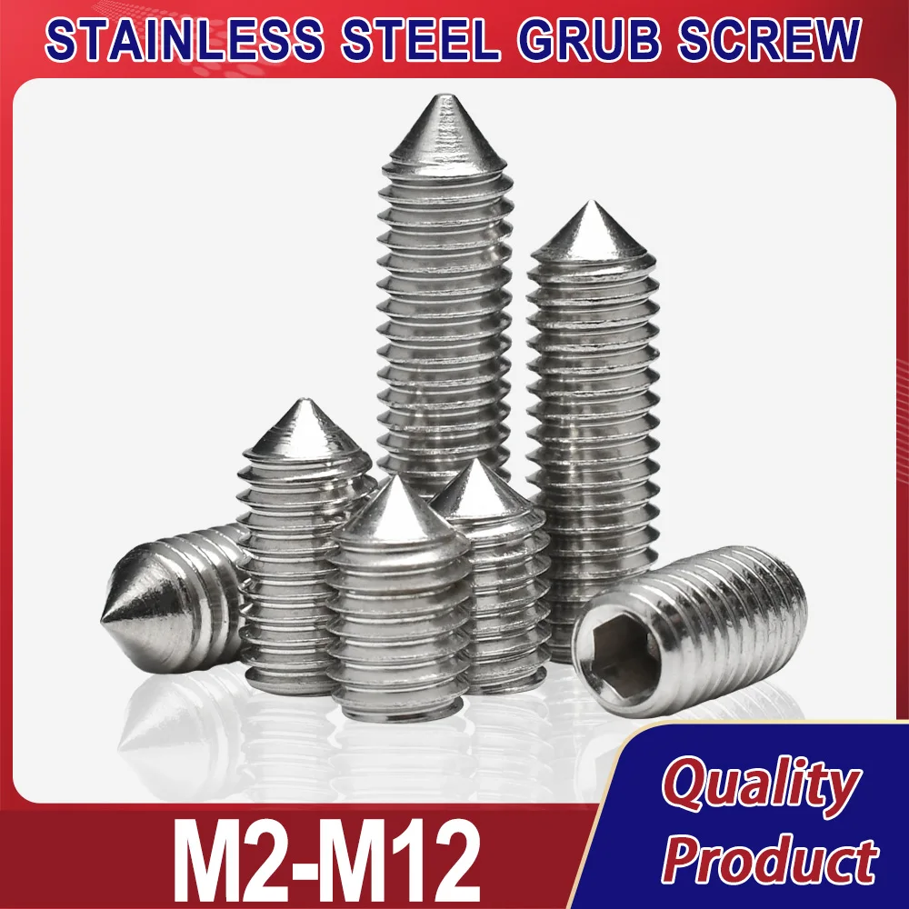 DIN914 Cone Point Grub Screw 304 Stainless Steel Hex Hexagon Socket Allen Set Screws Fix Bolt M2 M2.5 M3 M4 M5 M6 M8 M10 M12