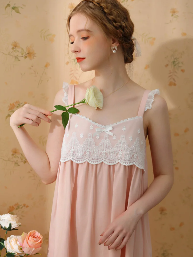 Sexy Lace Backless Victorian Nightgowns Women Summer Princess Nightdress Sleeveless Knitting Cotton Sweet Lolita Home Clothes