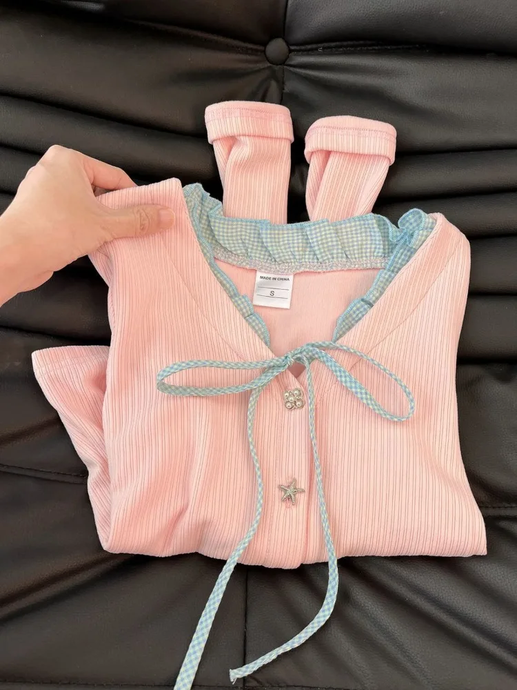 Long Sleeve Cardigan Women Korean Chic Patchwork Ruffle V Neck Bandage Chic Tops Autumn Fashion Y2k Aesthetic Jackets