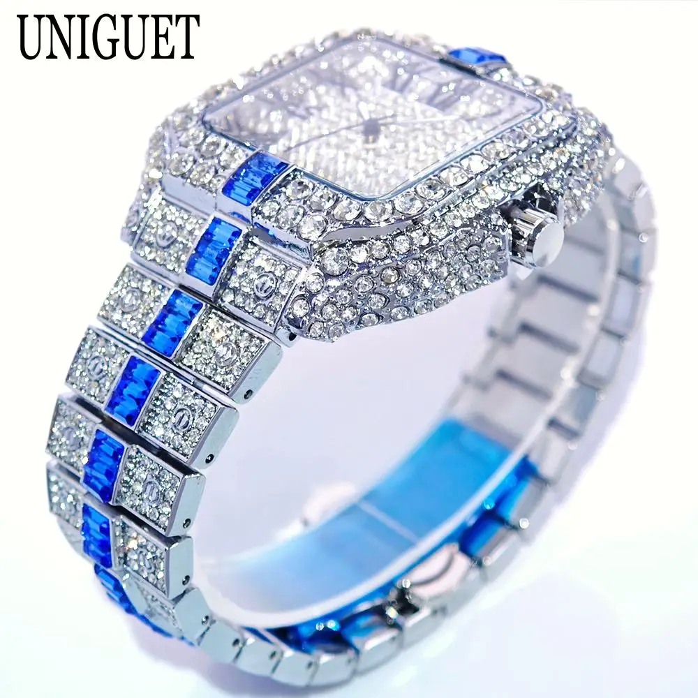 Hot Fashion Volledige Diamond Horloge Mannen UNIGUET Merk Hip Hop Iced Out Bling Sieraden Vierkante Quartz Horloge Voor Man Dropshipping