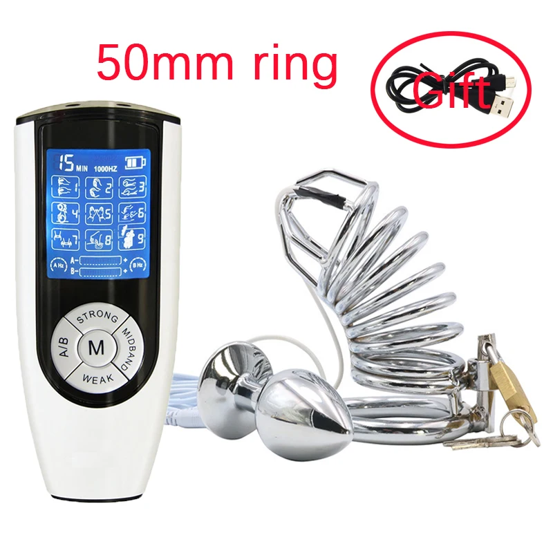 Taser Electro Shock Metal Cock Cage Sex Ball Stretcher Penis Lock Ring Electrical E-Stim Anal Butt Plug SM Male Chastity Toy Kit