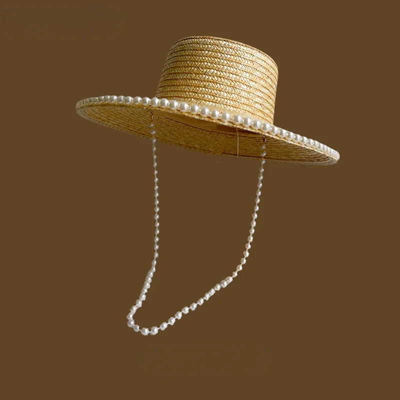 

European and American Style Spring and Summer French Pearl Chain Straw Flat Straw Hat Sun Protection Sun-Shade Beach Hat Women