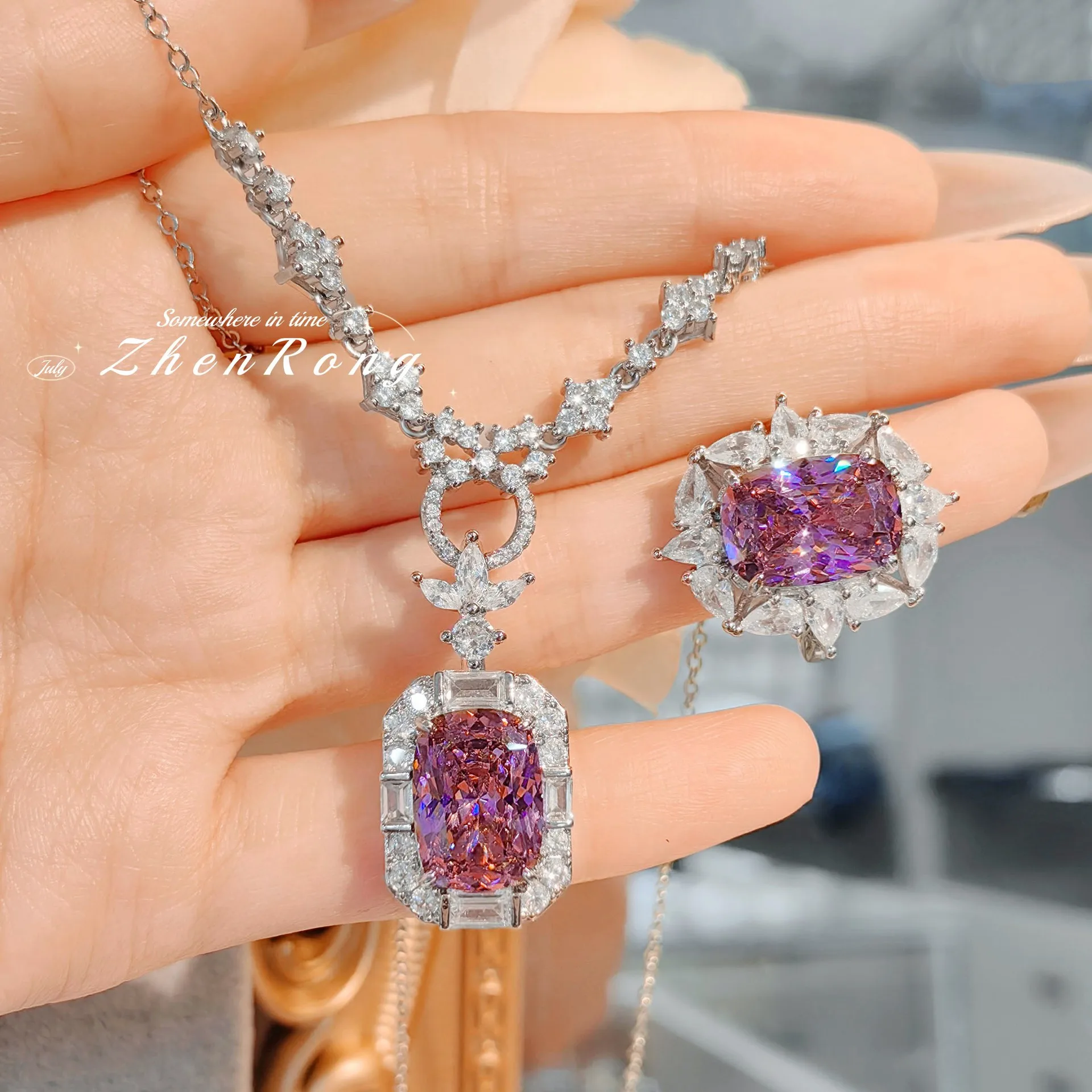 Foydjew Luxury Large Carat Square Princess Cut Pink Cubic Zirconia Pendant Necklace Women Silver Color Ring Wedding Jewelry Sets