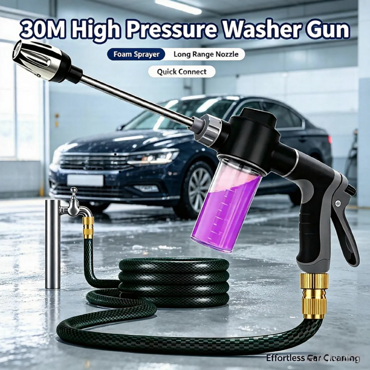 Multifunctional high-pressure sprayer, suitable for car washing and plant watering, equipped with a 30-meter long hose