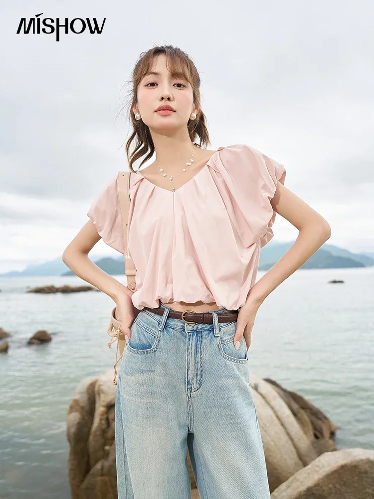 MISHOW Soft Blouses for Women Summer French Rear Collar Tie Up Solid Short Sleeve Solid V Neck Puff Sleeve Tops MXC38X1275