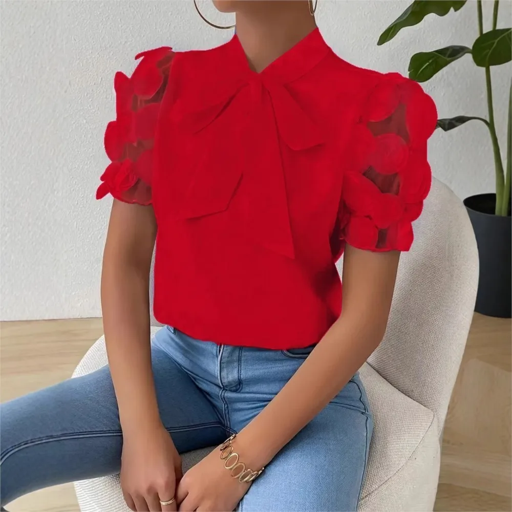 

Summer Women's Short Sleeved Red Shirt Fashionable Commuting Solid Color Simple Bow Shirt Office Peach Elegant Feminine Style