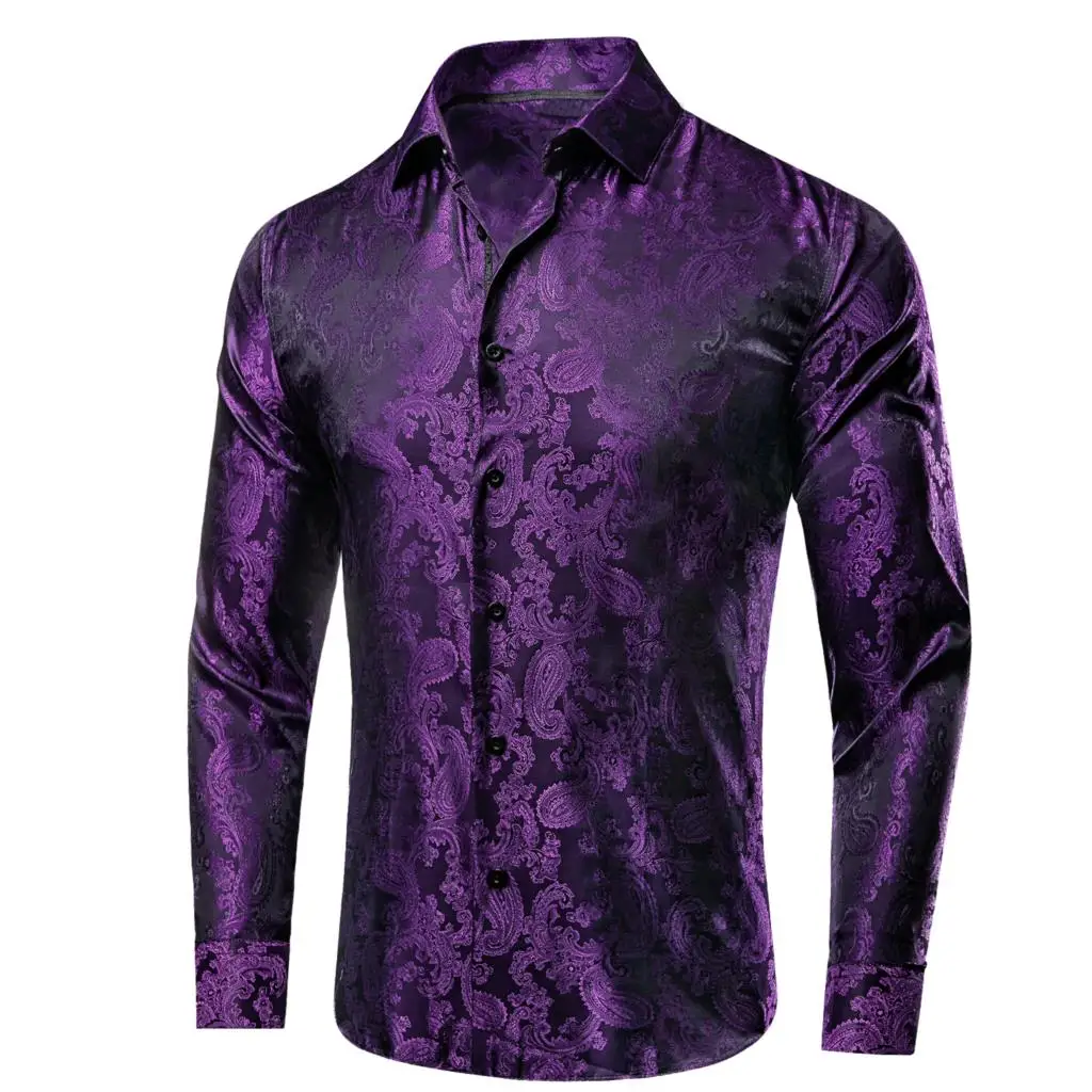 Camisa de seda lila para hombre, blusa Jacquard de manga larga con solapa de lujo, color morado, lavanda, para boda, negocios y graduación