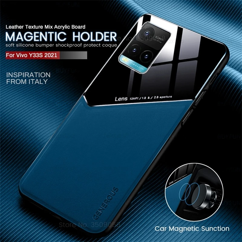 Vivoy33s Case Car Magnetic Holder Leather Phone Cover For Vivo Y33s Y 33s 33 s 2021 4G V2109 6.58\