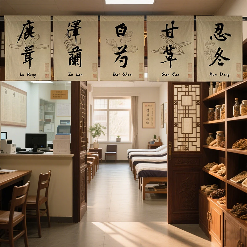 

Chinese Herb Name Printed Curtain Chinese Traditional Medicine Museum Partition Noren Pharmacy Shop Decor Hanging Short Curtain