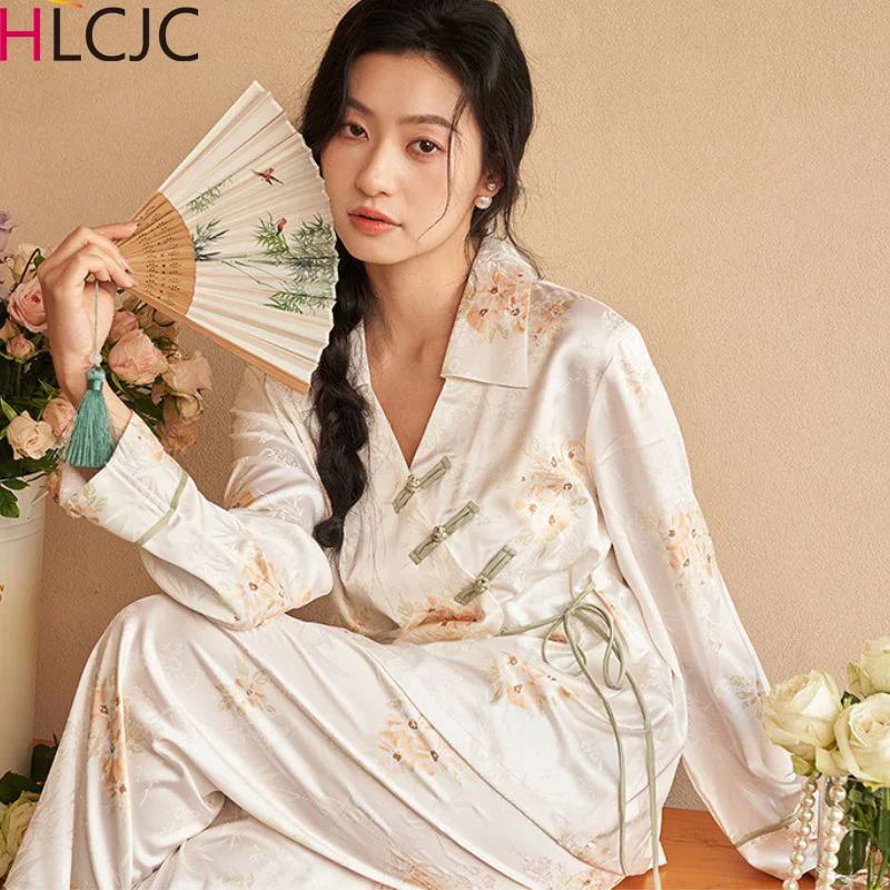 Chinese Palace Style 2pcs Pajama Set for Women Long Sleeve and Trousers Sleepwear for Daily Printed Silk Texture Satin Pijamas