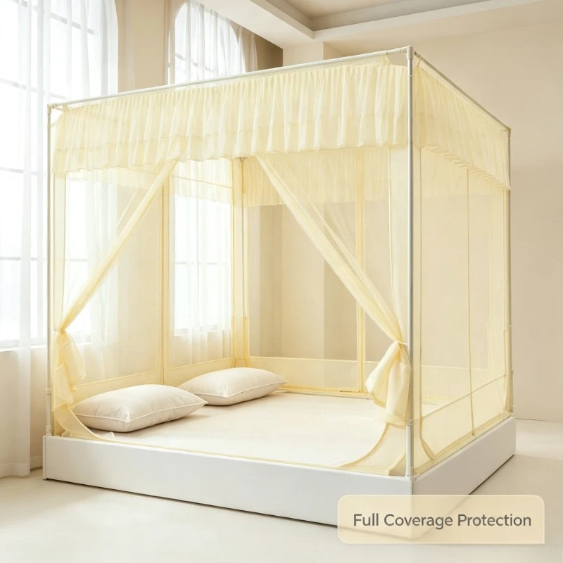 Yellow Square Top Mosquito Net Palace Style Full Enclosure Bed Canopy for Bedroom Home Decor