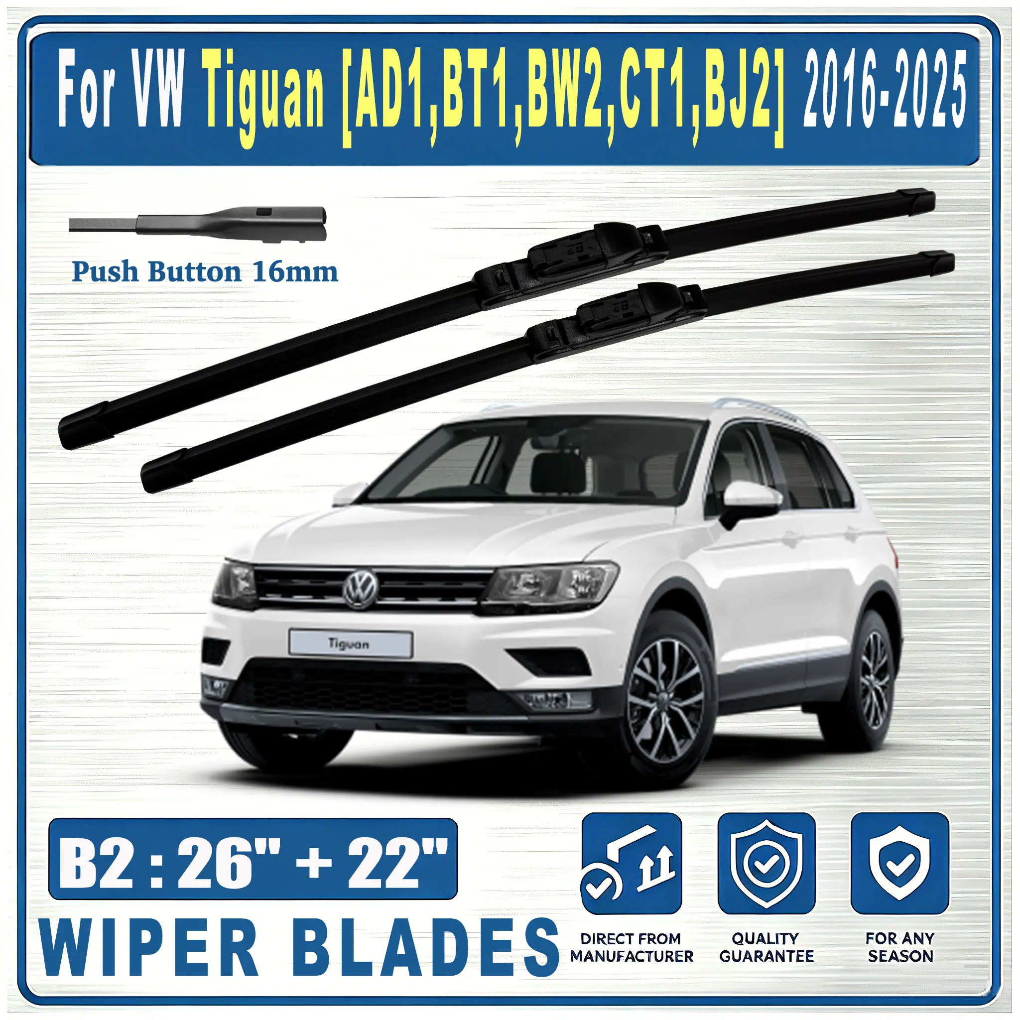 Für VW Tiguan [AD1,BT1,BW2,CT1,BJ2] 2016-2025 Vordere B2 26"&22" VW 650mm Scheibenwischerblätter Windschutzscheibenwischer OEM 2 Stück