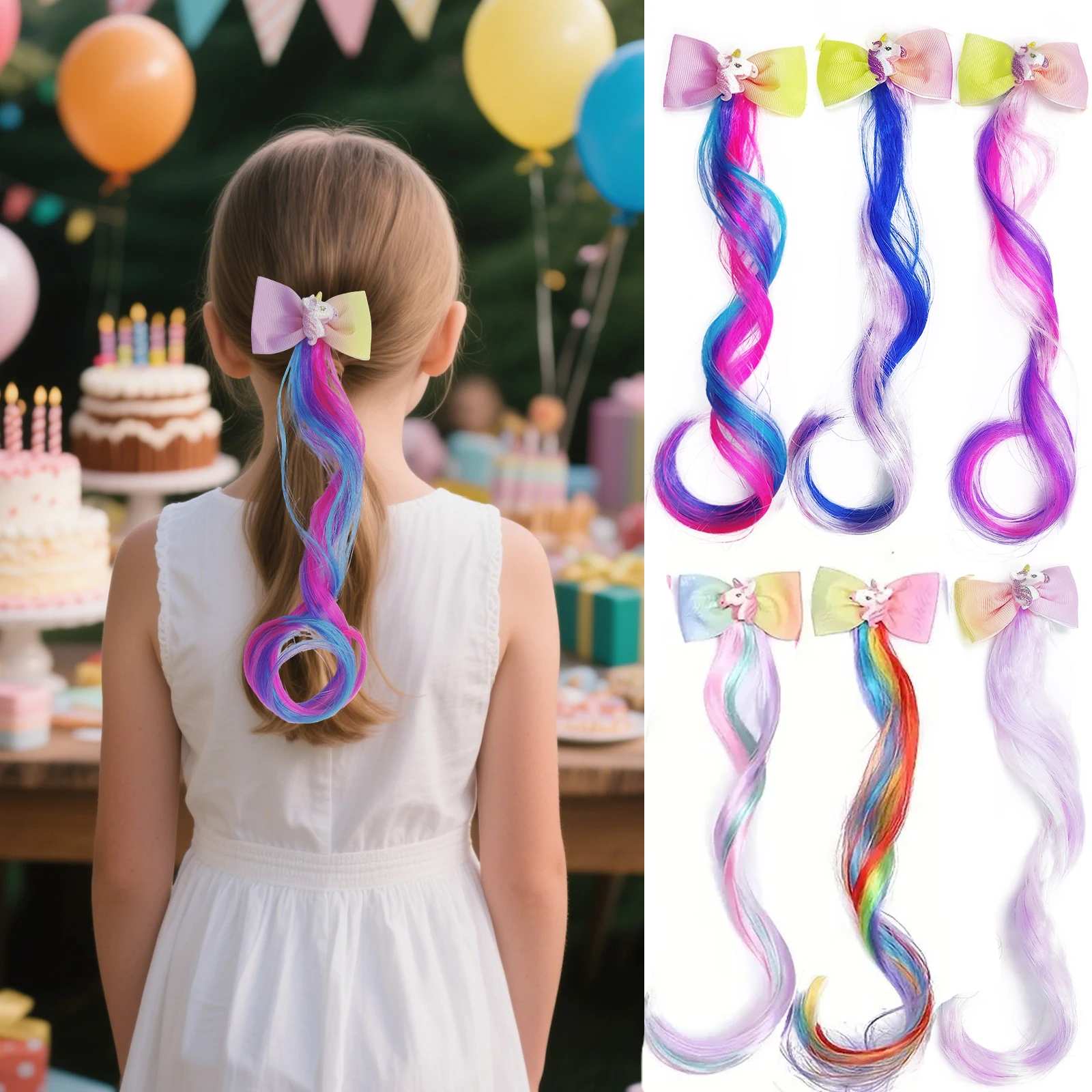 

6pcs Clip in Curly Hair Extensions Rainbow Color Hairpieces with Cute Alligator Clip Bows for Girls-Great for Gifts, Holidays