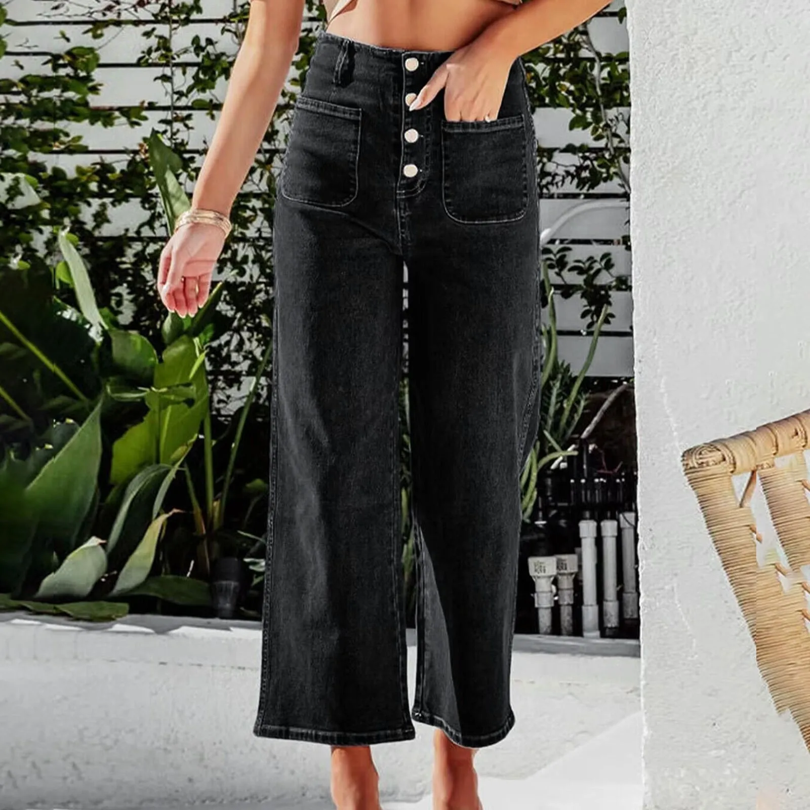 Nouveau pantalon en Denim décontracté taille haute pantalon droit à jambes larges femmes couleur unie coupe ajustée pantalon de mode avec bouton