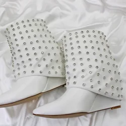 2024 Slope Heel Water Diamond Short Boots Autumn Concert Fashion Boots Pointed Sexy Internet Celebrity White Skirt Shoes 36-44