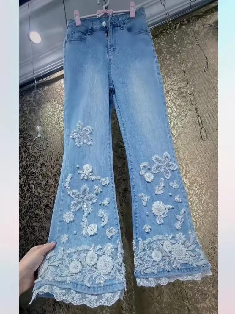 تصميم فاخر مطرز مشاعل الدنيم بانت طويل للنساء السراويل pantalones de mujer ملابس امرأة السيدات السراويل