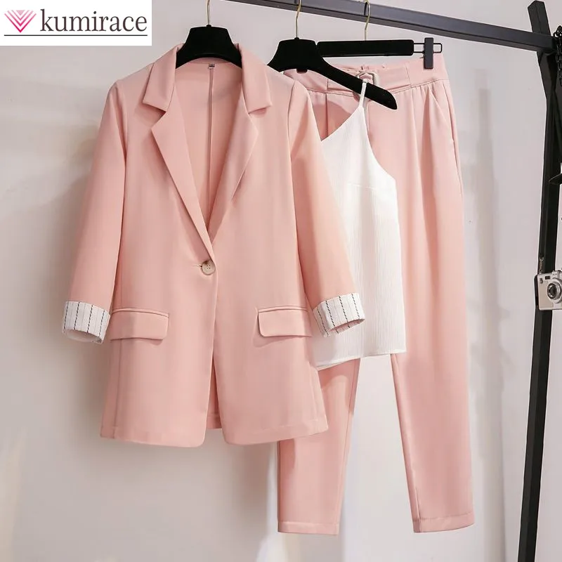 2023 Summer Thin Jacket Blazer Casual Pants White Vest Women Pants Suit Office Work Clothes Outfits Tracksuit 3pcs Set Elegant