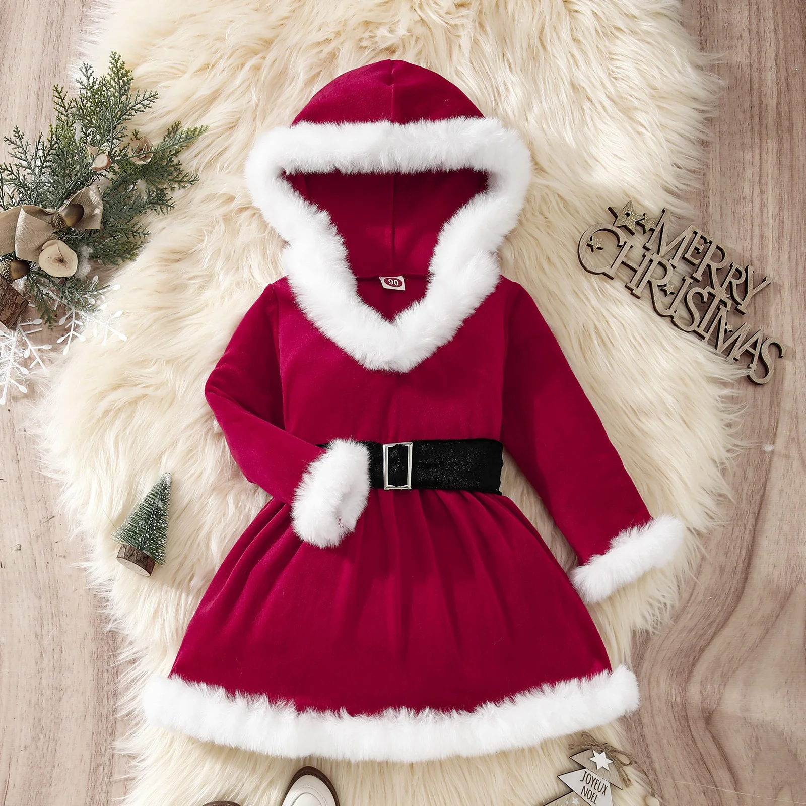 

2023 New Girls Red Christmas Dress for Baby Kids Winter Full Sleeve Tulle Tutu Princess X'mas Party Clothing with Artificial Fur