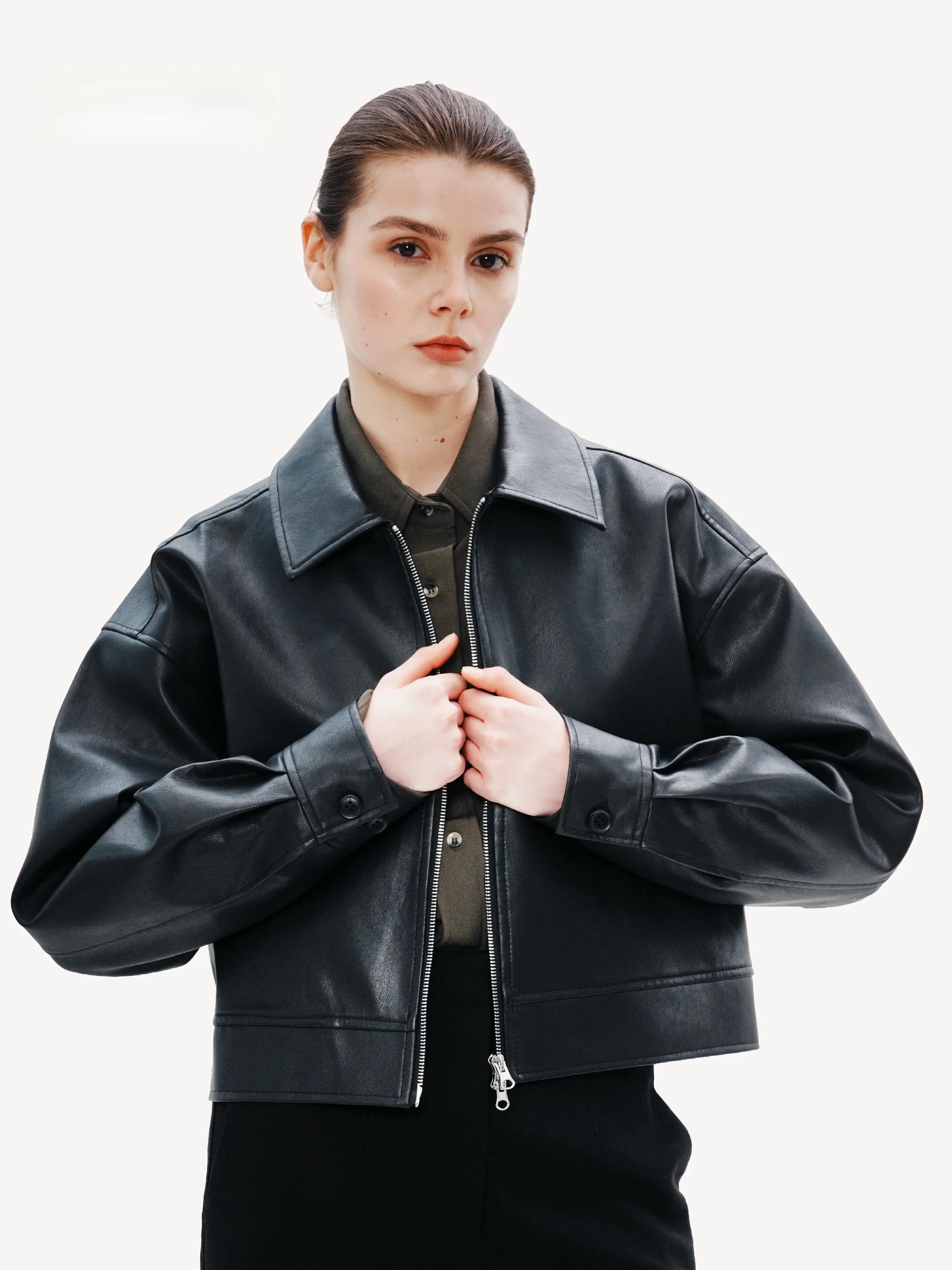 AEVIAA ブラック ヴィンテージ ディストレスト ルーズ カジュアル レザー ジャケット レディース 韓国スタイル 着痩せ 多用途 ショート 秋冬コート