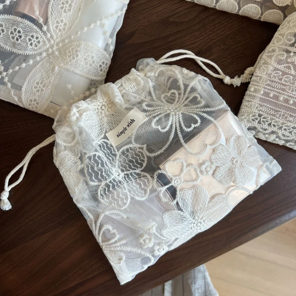Vintage Lace Embroidered Floral Drawstring Cosmetic Storage Bag Mesh Cotton Makeup Pouch For Jewelry Candy Gift Packaging