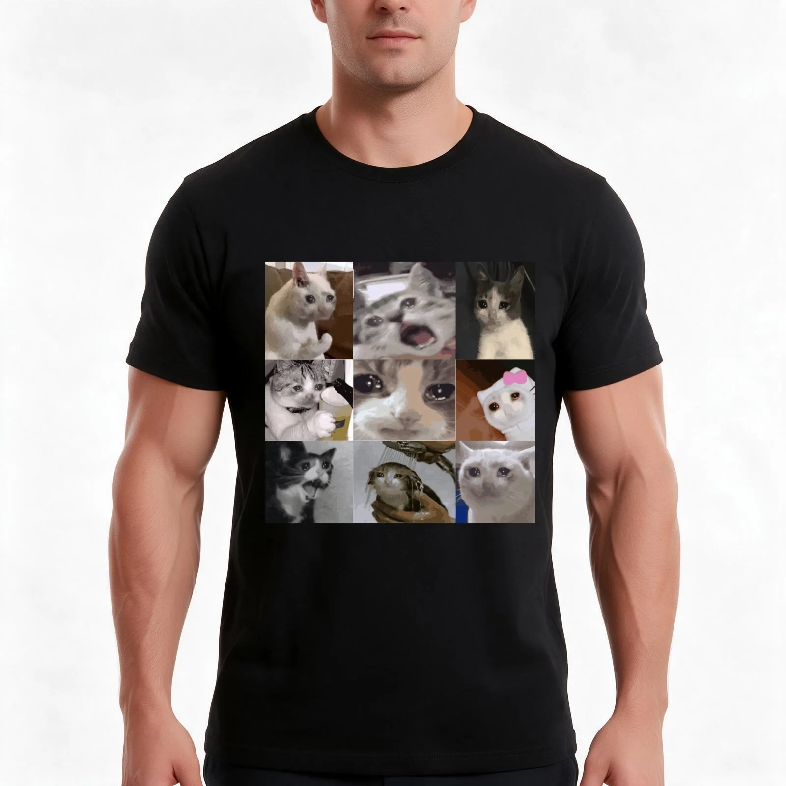 Crying Cat T-Shirt Summer Casual Cotton Tee Oversized Streetwear Tops Vintage Graphic Print Loose Fit Short Sleeve
