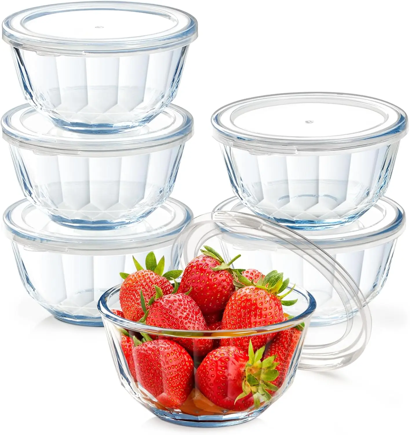 

6-Piece Glass Bowls with Lids, Diamond Pattern, Small 500ml Bowls for Kitchen Storage