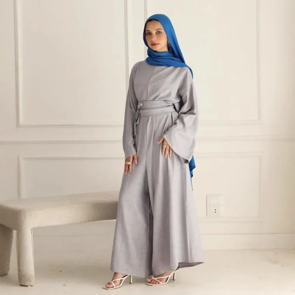 Ramadan Donne Musulmane Manica Lunga Allentato Pantaloni a Gamba Larga Tuta Cintura Islam Abbigliamento Turchia Caftano Dubai Abaya Eid Pagliaccetto Tuta